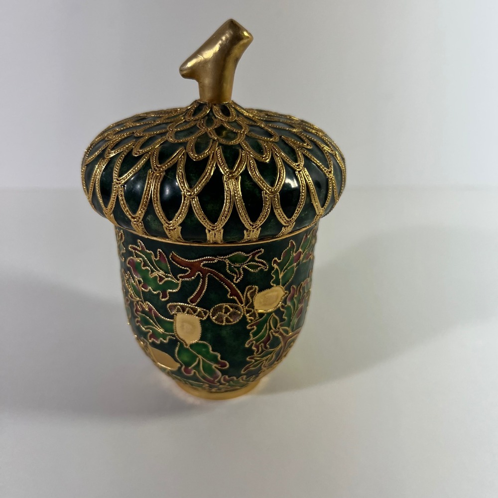 Nicki Yassaman for NYCO Cloisonne Acorn Trinket Box in Green Gold 6"‎